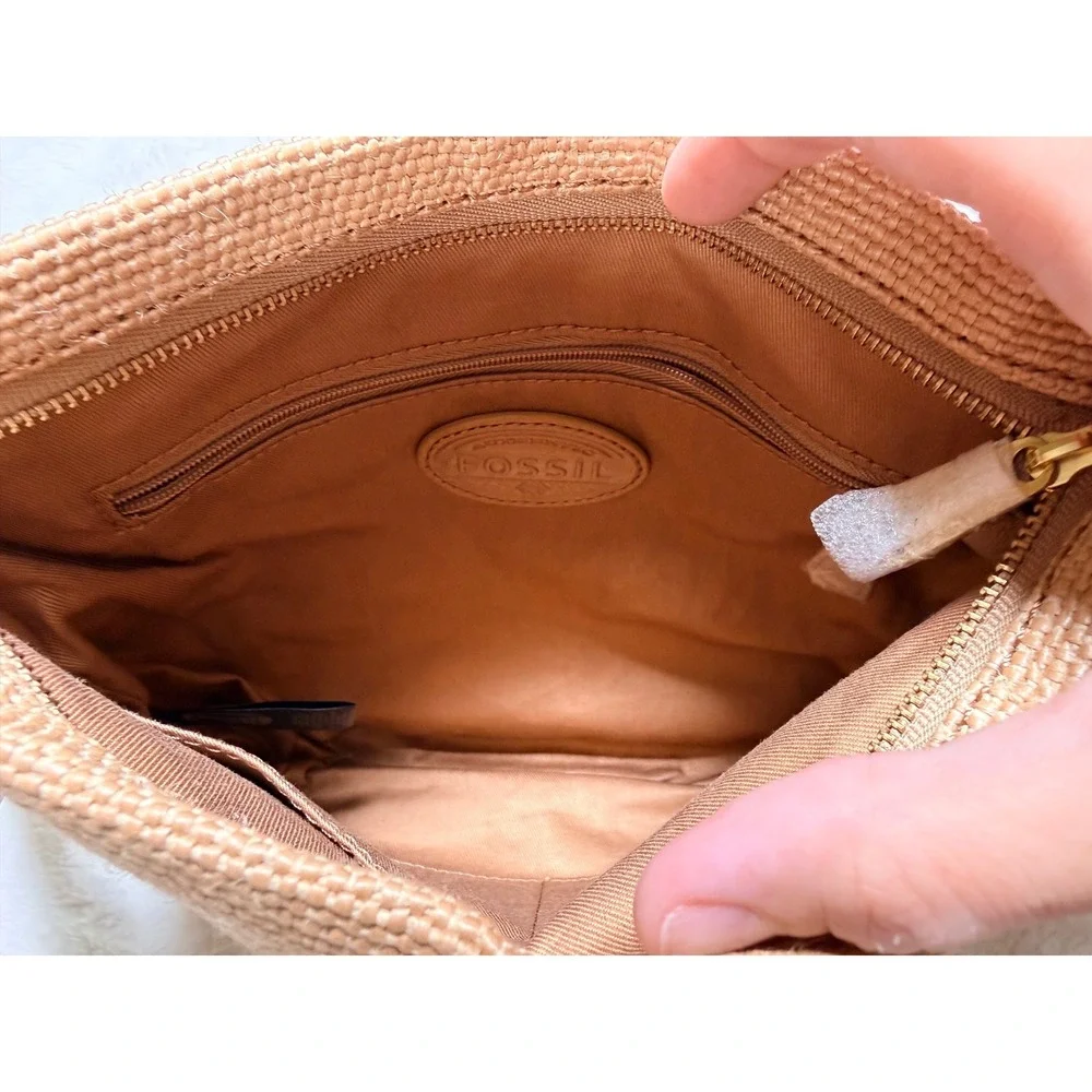 Fossil Preston Straw Crossbody Bag Beige Leather Trim New with Tags